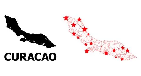 Wire Frame Polygonal Map of Curacao Island with Red Stars Stock Illustration