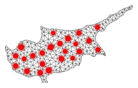Wire Frame Polygonal Map of Cyprus Island with Red Infectious Elements Stock Illustration