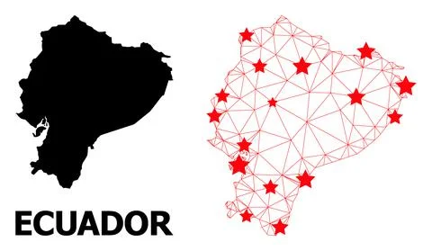 Wire Frame Polygonal Map of Ecuador with Red Stars Stock Illustration