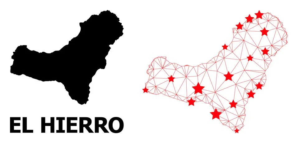 Wire Frame Polygonal Map of El Hierro Island with Red Stars Stock Illustration