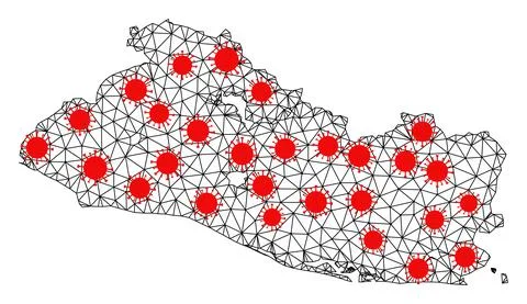 Wire Frame Polygonal Map of El Salvador with Red Coronavirus Elements イラスト素材