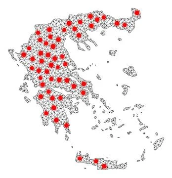 Wire Frame Polygonal Map of Greece with Red Infection Centers Stock Illustration