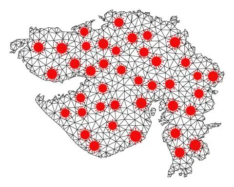 Wire Frame Polygonal Map of Gujarat State with Red Infection Elements イラスト素材