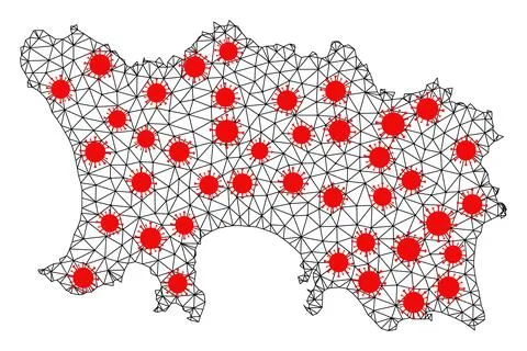 Wire Frame Polygonal Map of Jersey Island with Red Virus Items Stock Illustration