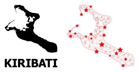Wire Frame Polygonal Map of Kiribati Island with Red Stars Stock Illustration