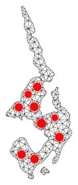 Wire Frame Polygonal Map of Koh Phi Leh with Red Virus Centers Stock Illustration