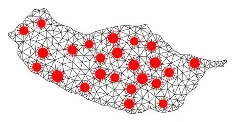 Wire Frame Polygonal Map of Madeira Island with Red Infection Elements イラスト素材