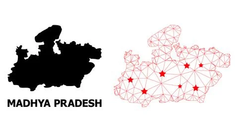 Wire Frame Polygonal Map of Madhya Pradesh State with Red Stars Stock Illustration
