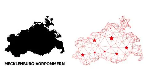 Wire Frame Polygonal Map of Mecklenburg-Vorpommern State with Red Stars Stock Illustration