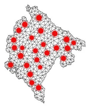 Wire Frame Polygonal Map of Montenegro with Red Infection Elements 库存插图