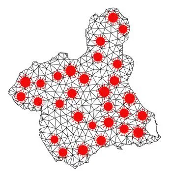 Wire Frame Polygonal Map of Murcia Province with Red Coronavirus Elements Illustrazione stock