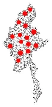 Wire Frame Polygonal Map of Myanmar with Red Infection Elements Illustrazione stock