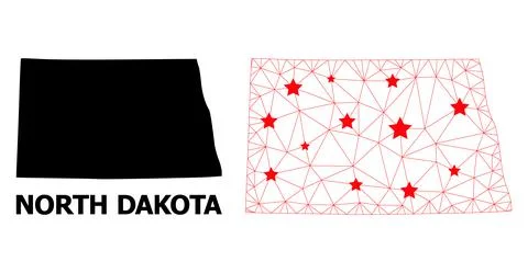 Wire Frame Polygonal Map of North Dakota State with Red Stars Stock Illustration