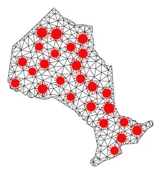 Wire Frame Polygonal Map of Ontario Province with Red Infectious Elements Illustrazione stock