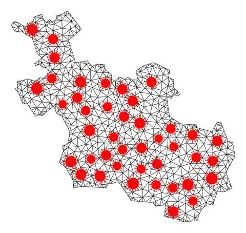 Wire Frame Polygonal Map of Overijssel Province with Red Infection Elements Illustrazione stock