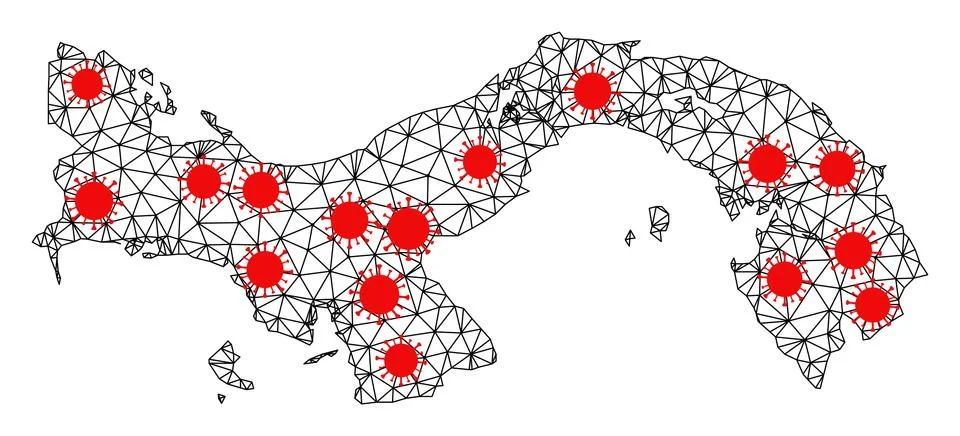 Wire Frame Polygonal Map of Panama with Red Infectious Elements Illustrazione stock