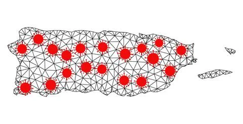 Wire Frame Polygonal Map of Puerto Rico with Red Covid Items Stock-Illustration