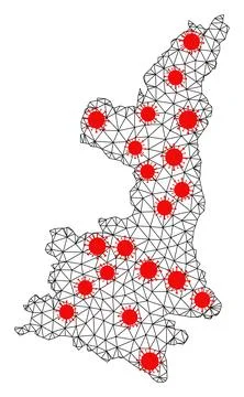 Wire Frame Polygonal Map of Shaanxi Province with Red Virus Elements イラスト素材