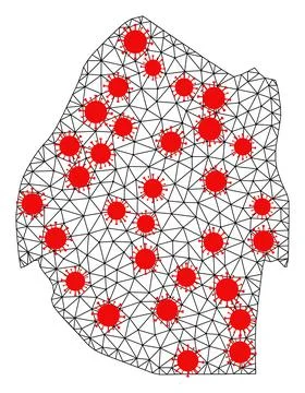 Wire Frame Polygonal Map of Swaziland with Red Coronavirus Elements Illustrazione stock