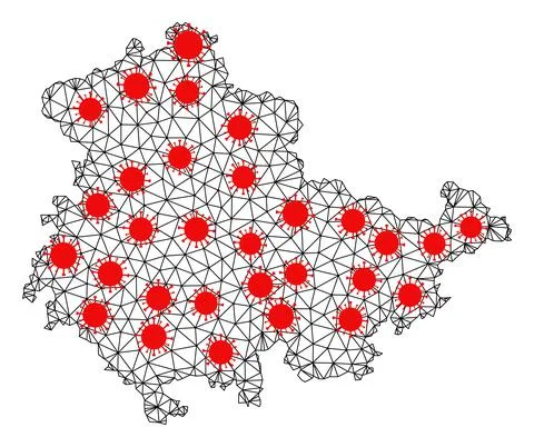 Wire Frame Polygonal Map of Thuringia State with Red Infection Centers Illustrazione stock