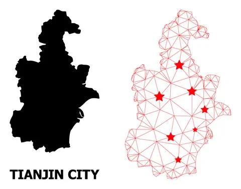 Wire Frame Polygonal Map of Tianjin Municipality with Red Stars Stock Illustration