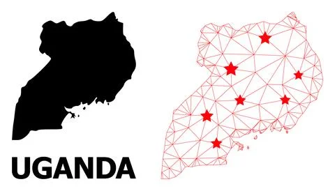 Wire Frame Polygonal Map of Uganda with Red Stars Stock Illustration