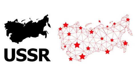 Wire Frame Polygonal Map of USSR with Red Stars Stock Illustration