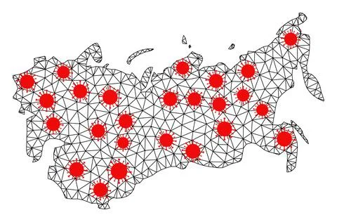 Wire Frame Polygonal Map of USSR with Red Infectious Centers Stock Illustration