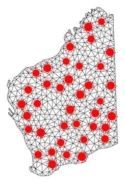 Wire Frame Polygonal Map of Western Australia with Red Virus Elements 스톡 일러스트