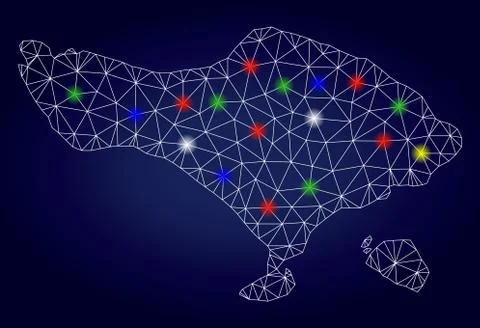 Wire Frame Polygonal Vector Bali Map with Color Light Spots Stock Illustration