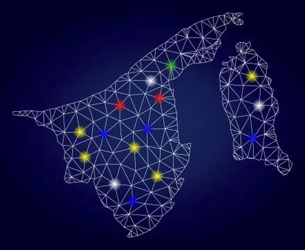 Wire Frame Polygonal Vector Brunei Map with Colorful Glow Spots Stock Illustration