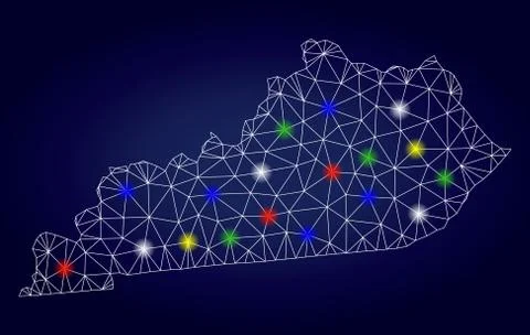 Wire Frame Polygonal Vector Kentucky State Map with Colored Glowing Spots Stock Illustration