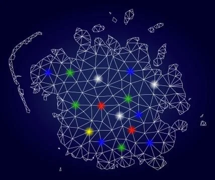 Wire Frame Polygonal Vector Micronesia Island Map with Colored Light Spots Stock Illustration