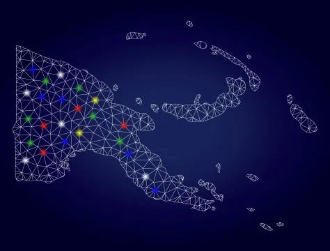 Wire Frame Polygonal Vector Papua New Guinea Map with Colorful Glow Spots Stock Illustration