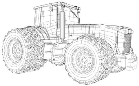 Wire-frame tractor isolated on white background. Tracing illustration of 3d Ilustração Stock
