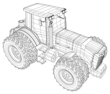 Wire-frame tractor isolated on white background. Tracing illustration of 3d Illustrazione stock
