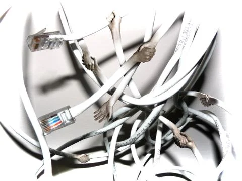 Wire hands connecting through network cables Illustrazione stock