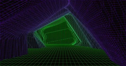 Wire low poly frame of a futuristic corridor or tunnel, consisting of lines a Stock Illustration
