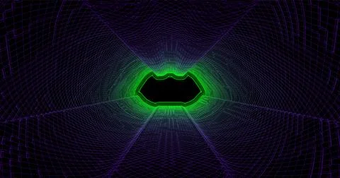 Wire low poly frame of a futuristic corridor or tunnel, consisting of lines a Illustrazione stock