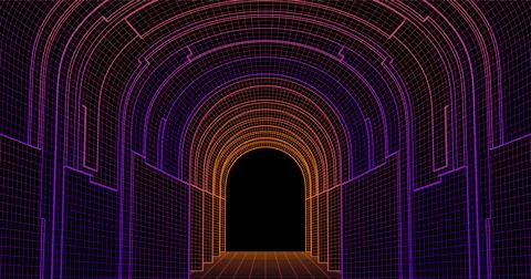 Wire low poly frame of a futuristic corridor or tunnel, consisting of lines a Stock Illustration