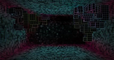 Wire low poly frame of a futuristic corridor or tunnel, consisting of lines a Stock Illustration