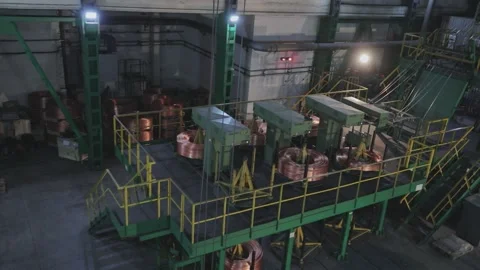 Wire manufacturing, continuous casting of copper wire rollers. General plan of Stock Footage 134814834