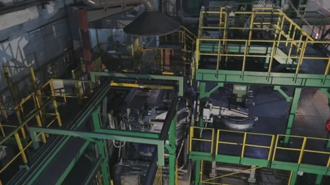 Wire manufacturing, continuous casting of copper wire rollers. General plan of Stock Footage 139275819
