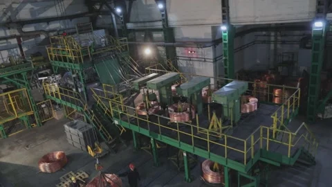 Wire manufacturing, continuous casting of copper wire rollers. General plan of Stock Footage 150100723