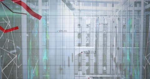 Wire mesh coming left and red trend line sweeping over hub racks, dipping Stock Footage 321783241
