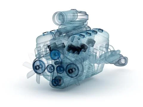 Wire model of engine with turbocharger over white. My own design. Stock Illustration