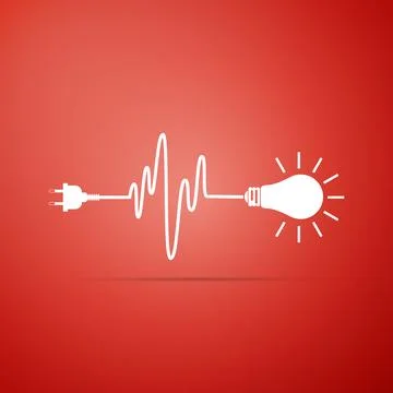 Wire plug and light bulb icon isolated on red background. Plug, lamp and co.. Ilustração Stock