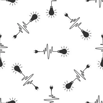 Wire plug and light bulb icon seamless pattern on white background. Plug, l.. Ilustração Stock