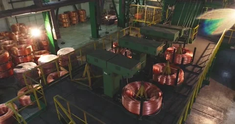 Wire rod continuous casting line during operation, inside the copper wire rod Stock Footage 155901161