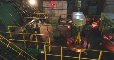 Wire rod continuous casting line during operation, inside the copper wire rod Stock Footage 156742976